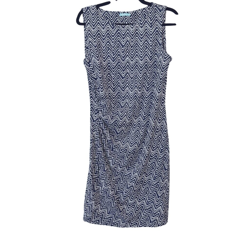 J. McLaughlin Catalina Cloth Navy White Ruched Waist Sleeveless Dress‎ Size M